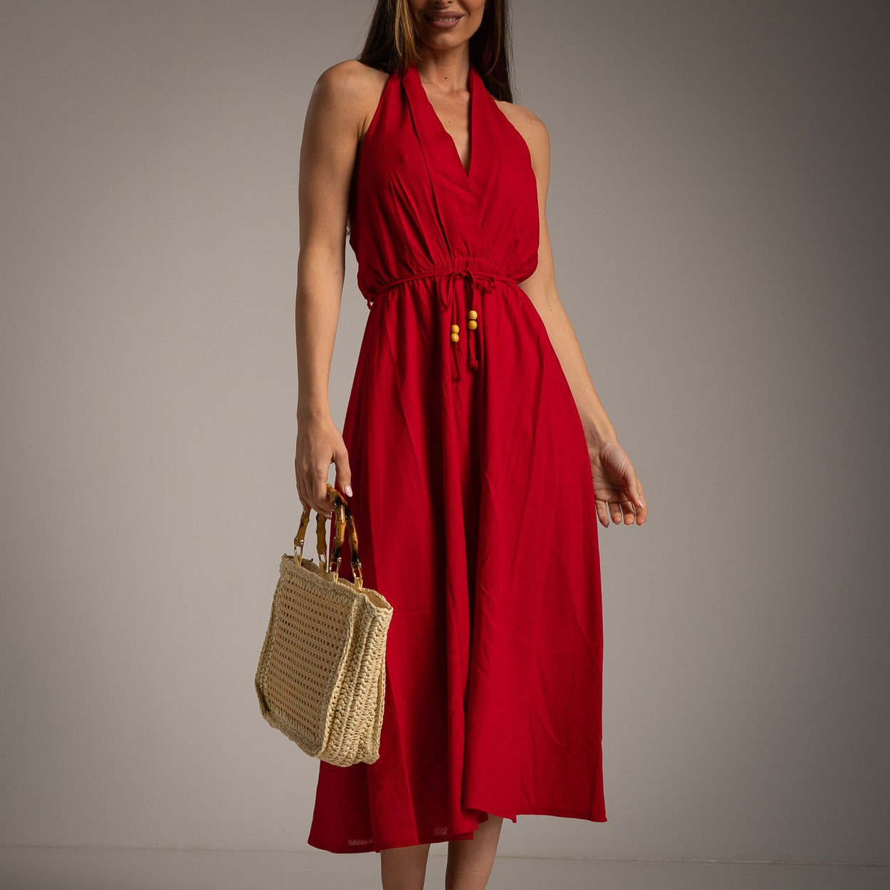 VESTIDO LINO COGIDO CUELLO CINTURON DE LINO
