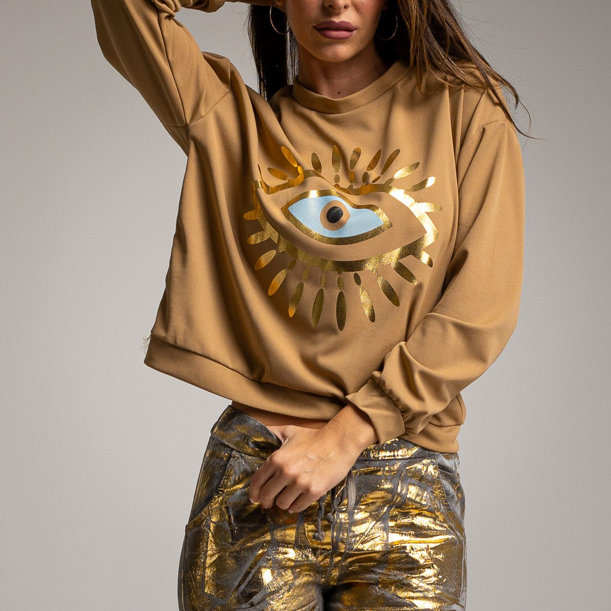 SUDADERA OJO GLITTER  COLOR CAMEL