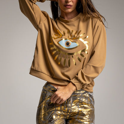 SUDADERA OJO GLITTER  COLOR CAMEL