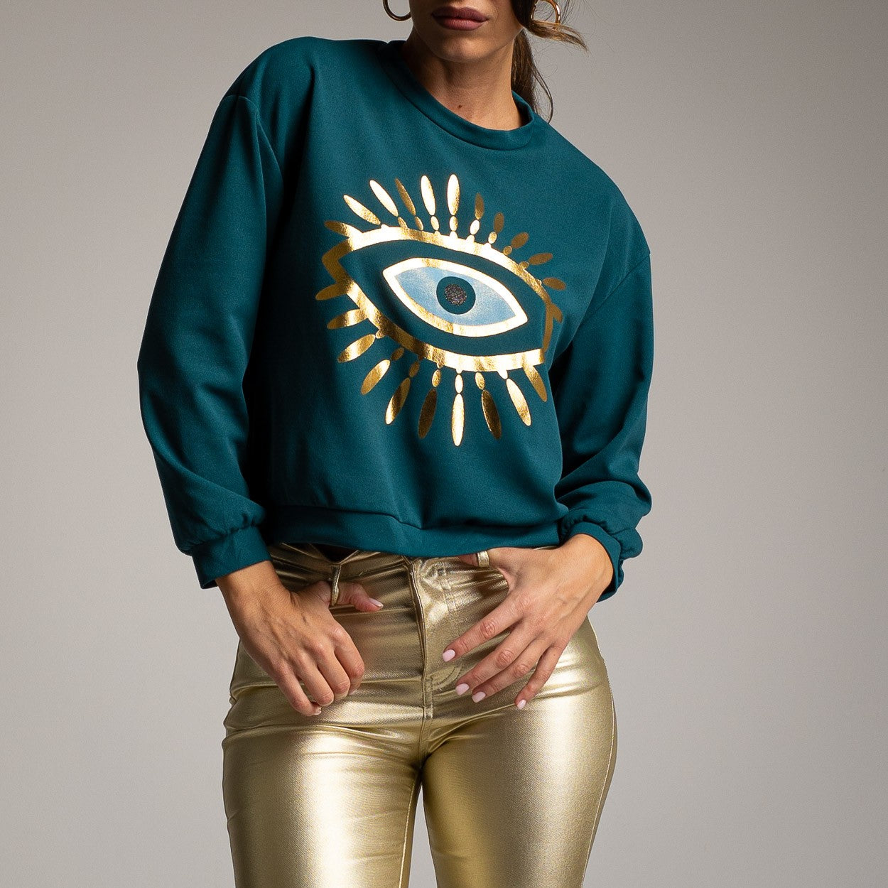 SUDADERA OJO GLITTER AZUL PATO